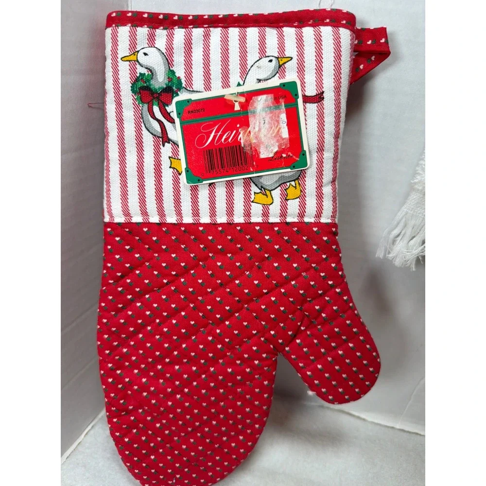 NWT VTG 90s Cannon Heirloom Kitchen Set Red Christmas Goose 3pc Towel Mitt